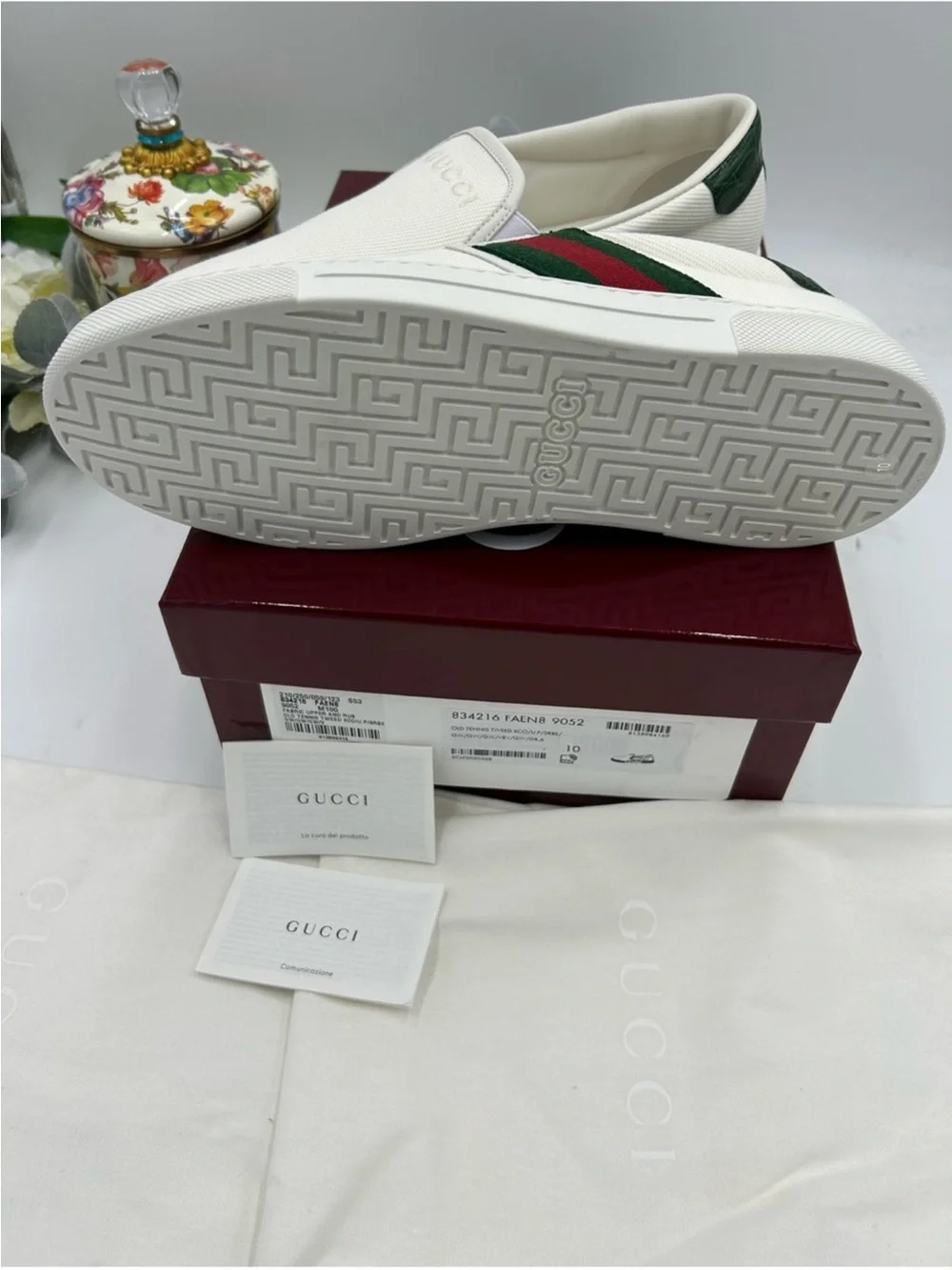 Men’s Gucci, ace canvas slip on sneakers w iconic web trim size 10 fits 10.5US
